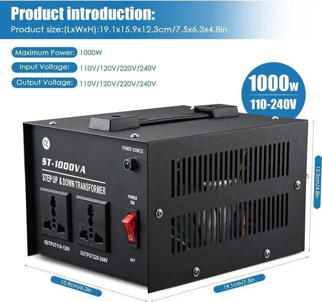 Alt view image 3 of 7 - 1000 Watt Voltage Transformer- Step Up and Down- Circuit Breaker Protection Universal Dual Output Step Up & Step Down Power Transformer 110V to 220V/220V to 110V