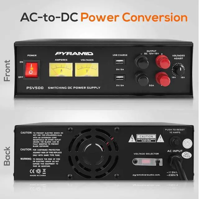 Alt view image 2 of 7 - Pyramid Universal Compact Bench Power Supply - 50 Amp Variable Linear Regulated AC to DC Power Converter/Power Supply Adjustable DC Voltage Supply with Amperage Gauge, Volt Meter, USB Port - PSV500