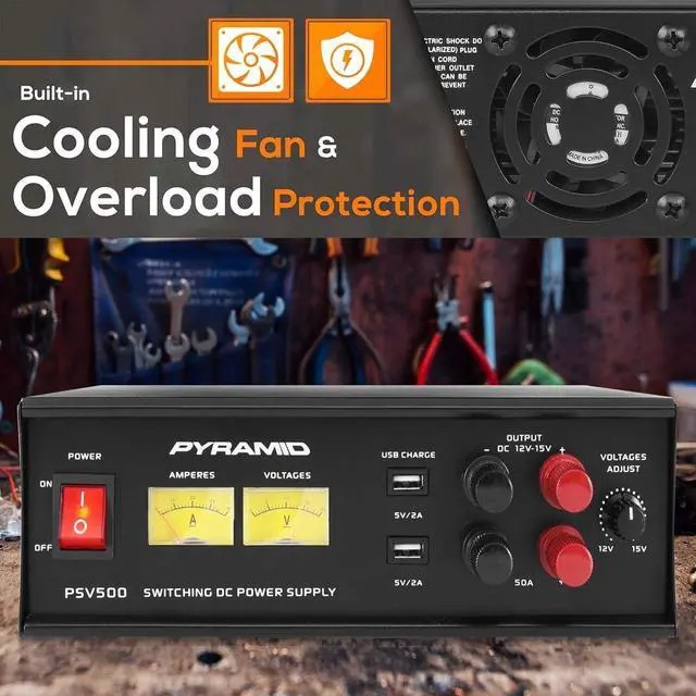 Alt view image 5 of 7 - Pyramid Universal Compact Bench Power Supply - 50 Amp Variable Linear Regulated AC to DC Power Converter/Power Supply Adjustable DC Voltage Supply with Amperage Gauge, Volt Meter, USB Port - PSV500
