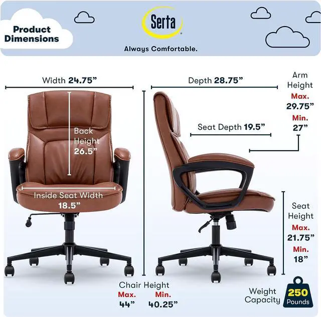 Alt view image 2 of 7 - Serta Hannah Executive Microfiber Office Chair with Headrest Pillow, Adjustable Ergonomic with Lumbar Support, Soft Fabric, Faux Leather, Cognac
