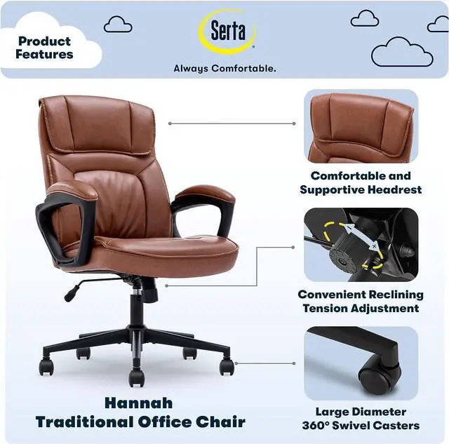 Alt view image 3 of 7 - Serta Hannah Executive Microfiber Office Chair with Headrest Pillow, Adjustable Ergonomic with Lumbar Support, Soft Fabric, Faux Leather, Cognac