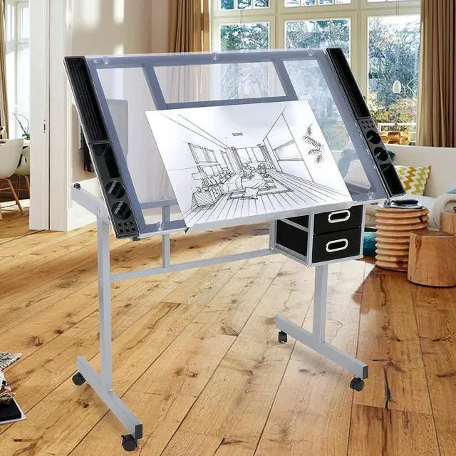 Alt view image 2 of 7 - Adjustable Drafting Table Art Desk Drawing Table Versatile Art Craft Work Station Glass Tabletop w/2 Slide Drawers and Wheels for Reading, Writing, Painting Home Office