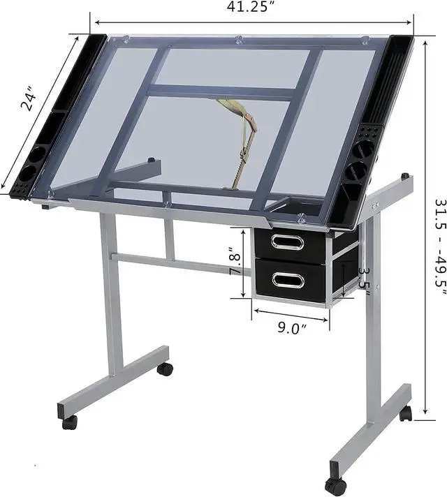 Alt view image 3 of 7 - Adjustable Drafting Table Art Desk Drawing Table Versatile Art Craft Work Station Glass Tabletop w/2 Slide Drawers and Wheels for Reading, Writing, Painting Home Office