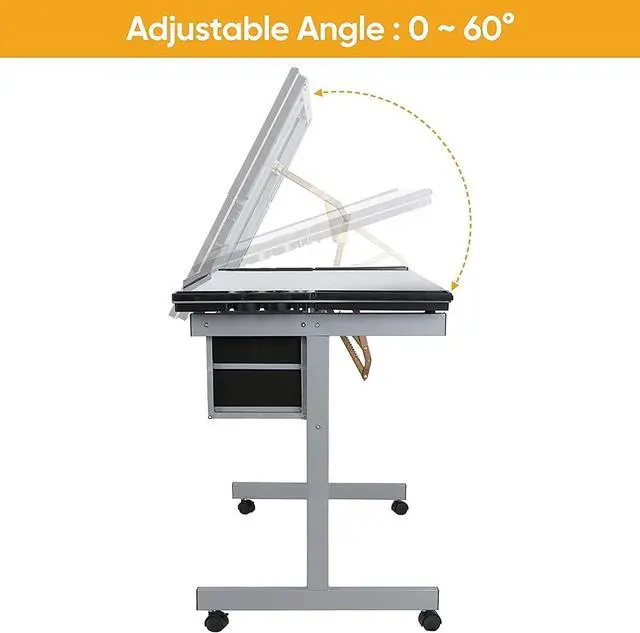 Alt view image 7 of 7 - Adjustable Drafting Table Art Desk Drawing Table Versatile Art Craft Work Station Glass Tabletop w/2 Slide Drawers and Wheels for Reading, Writing, Painting Home Office