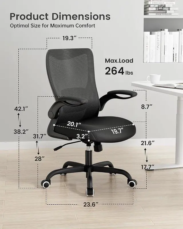 Alt view image 2 of 7 - MUXX.STIL Office Chair, Ergonomic Desk Chair with Adjustable Lumbar Support, Computer Chair with Flip-up Armrest, Swivel Task Chair with Breathable Mesh for Home Office, Black, Welcome to consult