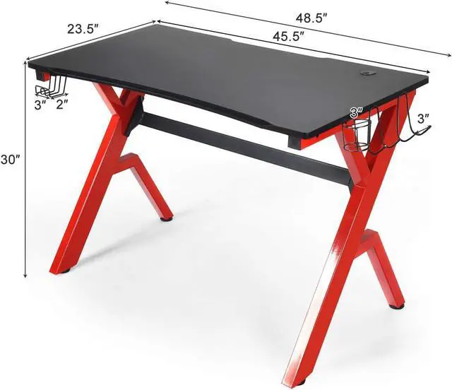 Alt view image 3 of 7 - Tangkula Computer Desk Gaming Desk, Ergonomic Gamer Workstation with Cup & Headphone Holder Mouse Pad, Carbon Fiber Surface and R-Shape Steel Frame, Game Desk Gaming Workstation (Black & Red)