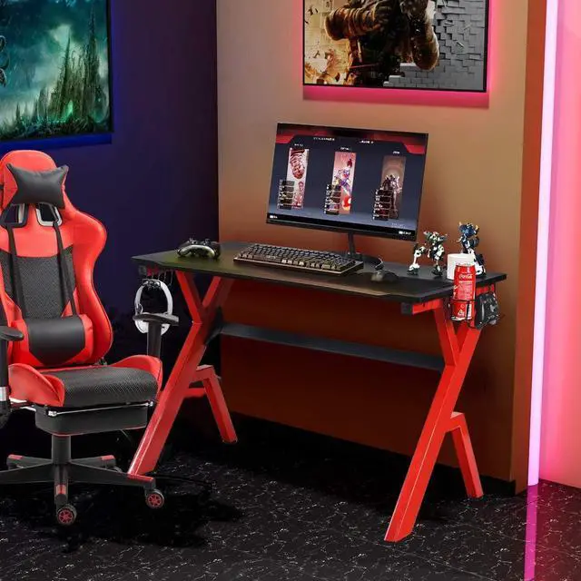 Alt view image 2 of 7 - Tangkula Computer Desk Gaming Desk, Ergonomic Gamer Workstation with Cup & Headphone Holder Mouse Pad, Carbon Fiber Surface and R-Shape Steel Frame, Game Desk Gaming Workstation (Black & Red)