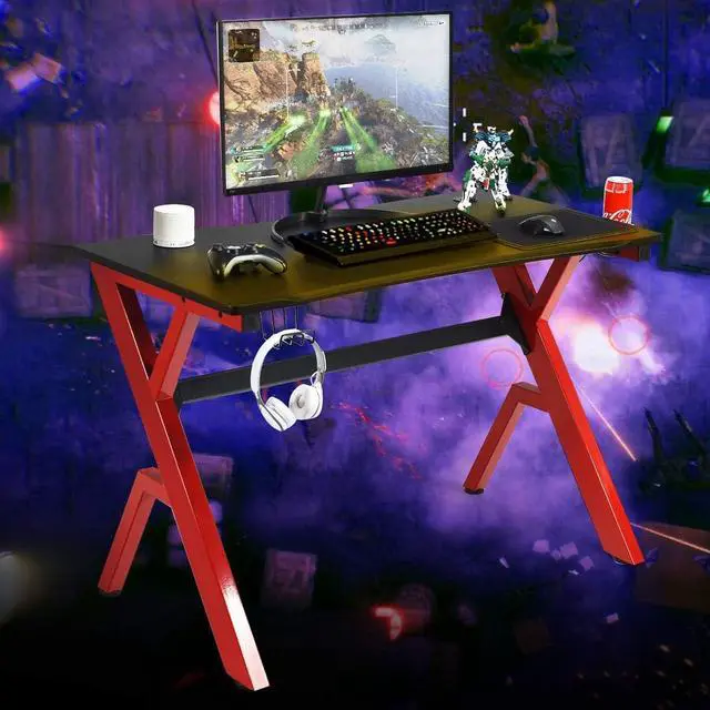 Alt view image 5 of 7 - Tangkula Computer Desk Gaming Desk, Ergonomic Gamer Workstation with Cup & Headphone Holder Mouse Pad, Carbon Fiber Surface and R-Shape Steel Frame, Game Desk Gaming Workstation (Black & Red)