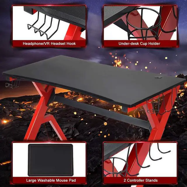 Alt view image 6 of 7 - Tangkula Computer Desk Gaming Desk, Ergonomic Gamer Workstation with Cup & Headphone Holder Mouse Pad, Carbon Fiber Surface and R-Shape Steel Frame, Game Desk Gaming Workstation (Black & Red)