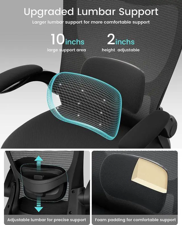 Alt view image 4 of 7 - MUXX.STIL Office Chair, Ergonomic Desk Chair with Adjustable Lumbar Support, Computer Chair with Flip-up Armrest, Swivel Task Chair with Breathable Mesh for Home Office, Black, Welcome to consult
