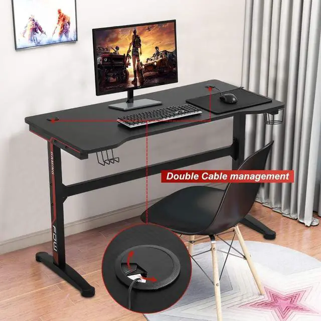 Alt view image 3 of 7 - Gaming Desk Computer Desk Home Office Desk Extra Large Modern Ergonomic PC Carbon Fiber Writing Desk Table with Cup Holder Headphone Hook