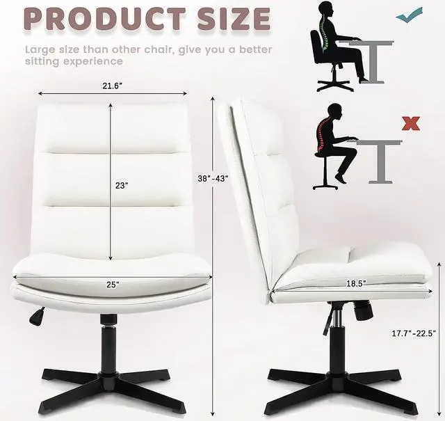 Alt view image 2 of 7 - PU-Padded Armless Office Desk Chair No Wheels,High-Back Wide Seat Home Chair,120°Rocking Cross Legged Computer Task Chairs,Modern Adjustable Swivel Vanity Chairs (White)(AMS-HBPUOF-001)