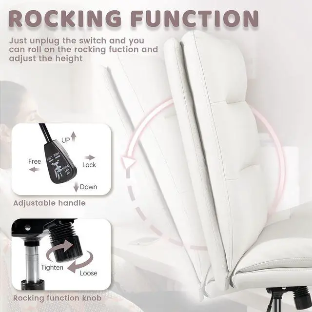 Alt view image 6 of 7 - PU-Padded Armless Office Desk Chair No Wheels,High-Back Wide Seat Home Chair,120°Rocking Cross Legged Computer Task Chairs,Modern Adjustable Swivel Vanity Chairs (White)(AMS-HBPUOF-001)