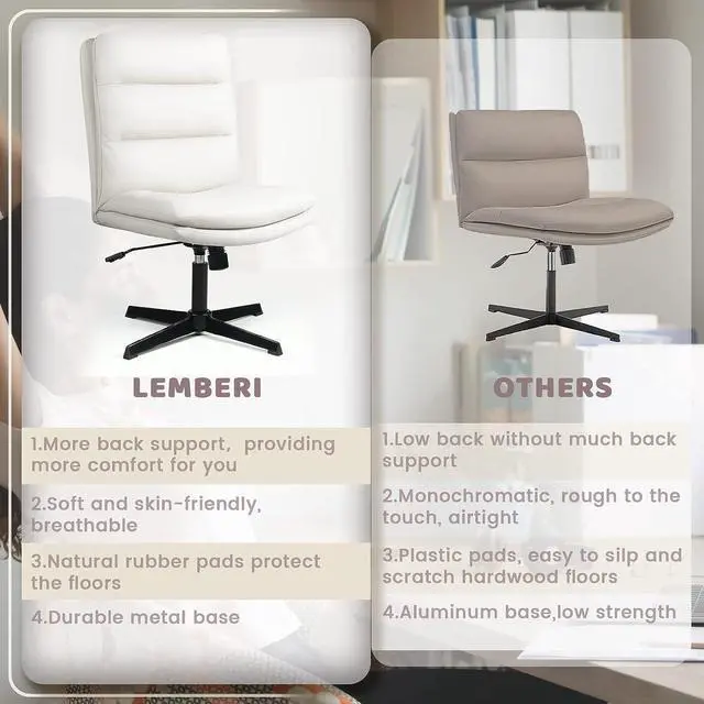 Alt view image 4 of 7 - PU-Padded Armless Office Desk Chair No Wheels,High-Back Wide Seat Home Chair,120°Rocking Cross Legged Computer Task Chairs,Modern Adjustable Swivel Vanity Chairs (White)(AMS-HBPUOF-001)