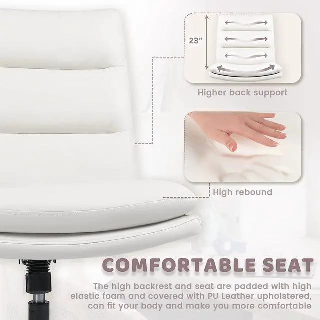 Alt view image 5 of 7 - PU-Padded Armless Office Desk Chair No Wheels,High-Back Wide Seat Home Chair,120°Rocking Cross Legged Computer Task Chairs,Modern Adjustable Swivel Vanity Chairs (White)(AMS-HBPUOF-001)
