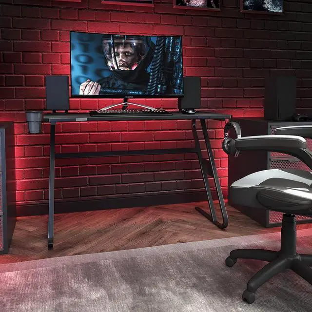 Alt view image 2 of 7 - Flash Furniture Fisher Gaming Desk - Black Ergonomic Computer Desk - 51.5" Gamers Table with Cup Holder and Headphone Hook