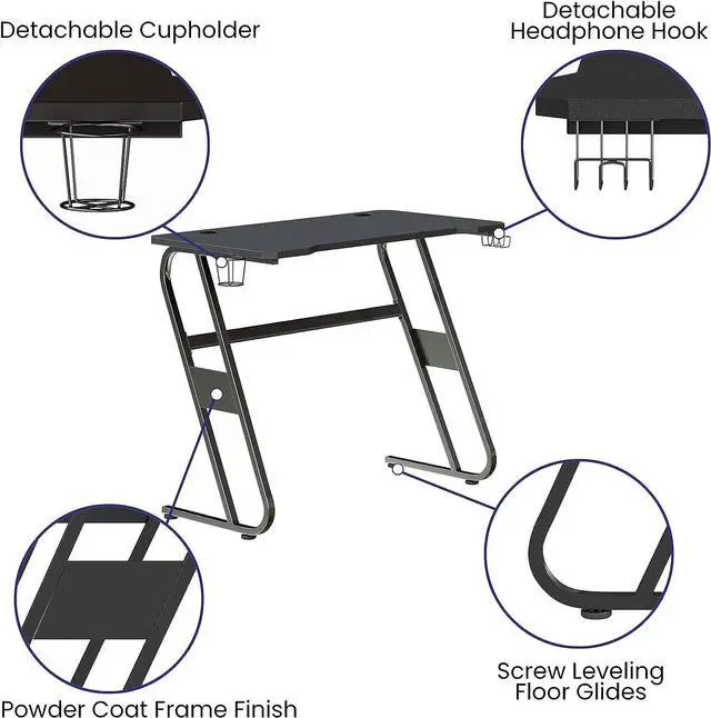 Alt view image 5 of 7 - Flash Furniture Fisher Gaming Desk - Black Ergonomic Computer Desk - 51.5" Gamers Table with Cup Holder and Headphone Hook