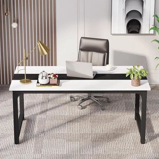 Alt view image 4 of 7 - LITTLE TREE 70.8 Inch X-Large Executive Computer Office Desk, White+Black