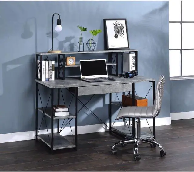 Alt view image 2 of 6 - Acme Amiel Wooden 1-Drawer Writing Desk in Faux Concrete and Black