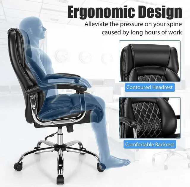 Alt view image 2 of 7 - Giantex 500LBS Big and Tall Office Chair, Wide Seat Large Leather Executive Chair w/Heavy Duty Metal Base, Height Adjustable Swivel Computer Task Desk Chair, Padded Armrest, Rocking Backrest (Black)