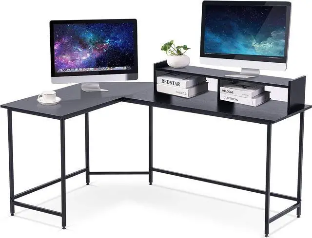Main image of ivinta Modern L-Shaped Computer Office Desk, Gaming Corner Desk with Monitor Stand, Home Office Study Writing Table Workstation for Small Spaces 6404