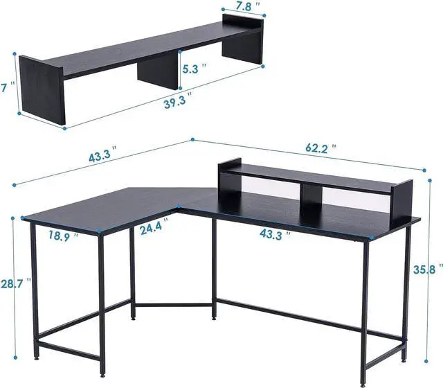 Alt view image 3 of 7 - ivinta Modern L-Shaped Computer Office Desk, Gaming Corner Desk with Monitor Stand, Home Office Study Writing Table Workstation for Small Spaces 6404