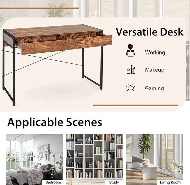 Alt view image 7 of 7 - Tangkula Industrial Computer Desk with 2 Drawers, Simple Study Writing Desk with Drawers, 44 Inches Laptop PC Workstation, Student Desk Home Office Desk Ideal for Bedroom & Office (Rustic Brown)