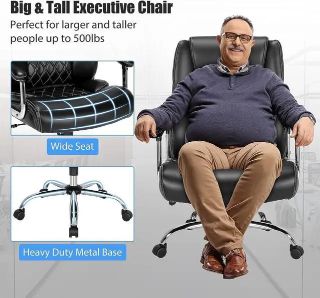 Alt view image 4 of 7 - Giantex 500LBS Big and Tall Office Chair, Wide Seat Large Leather Executive Chair w/Heavy Duty Metal Base, Height Adjustable Swivel Computer Task Desk Chair, Padded Armrest, Rocking Backrest (Black)