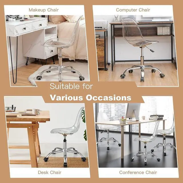 Alt view image 5 of 7 - Giantex Acrylic Desk Chair, Clear Armless Office Rolling Chair, Height Adjustable Leisure Ghost Chair w/Chromed Base, Modern Cute Vanity Chair, Swivel Computer Chair for Home Office