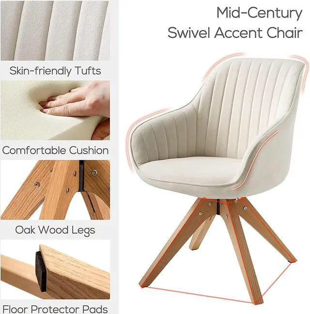 Alt view image 4 of 7 - Art Leon Mid Century Modern Swivel Accent Chair with Oak Wood Legs, Desk Chair No Wheels, Armchair for Desk, Off White