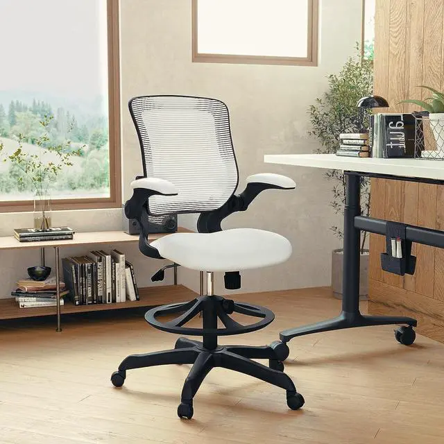 Alt view image 2 of 7 - Flash Furniture Kale Mid-Back White Mesh Ergonomic Drafting Chair | Adjustable Foot Ring, Flip-Up Arms