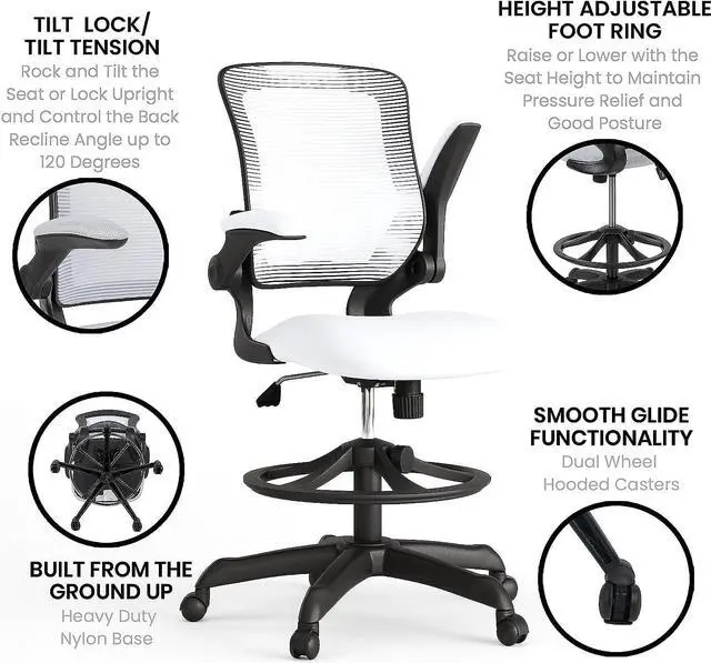 Alt view image 5 of 7 - Flash Furniture Kale Mid-Back White Mesh Ergonomic Drafting Chair | Adjustable Foot Ring, Flip-Up Arms