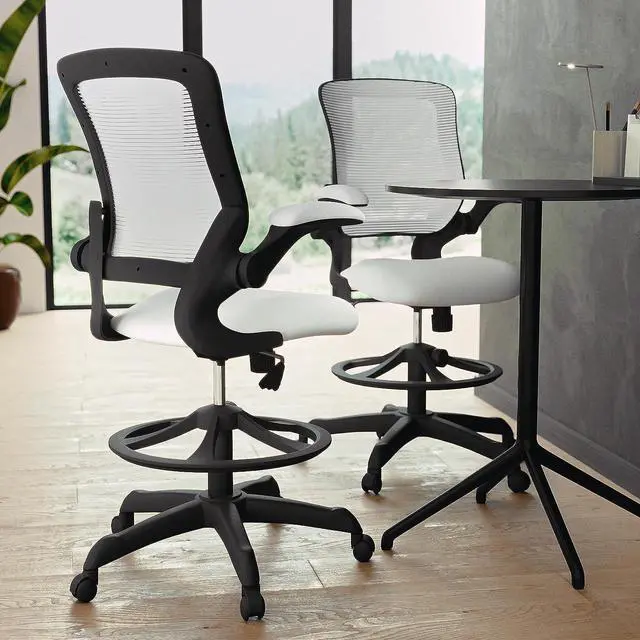 Alt view image 6 of 7 - Flash Furniture Kale Mid-Back White Mesh Ergonomic Drafting Chair | Adjustable Foot Ring, Flip-Up Arms