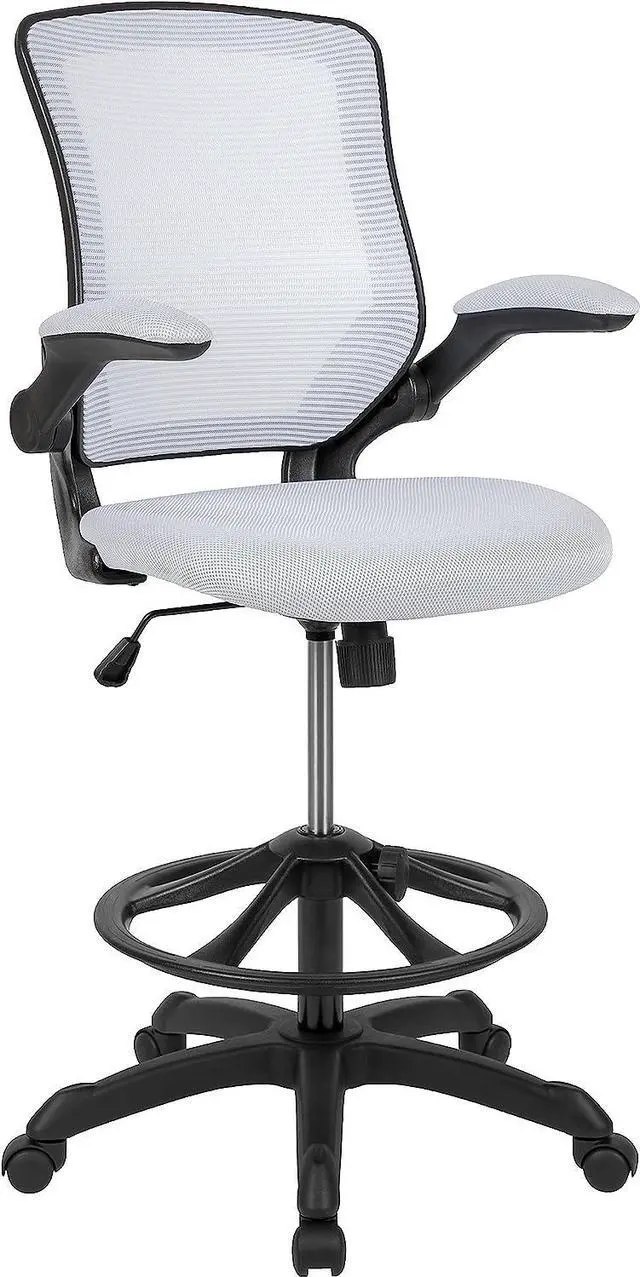 Main image of Flash Furniture Kale Mid-Back White Mesh Ergonomic Drafting Chair | Adjustable Foot Ring, Flip-Up Arms