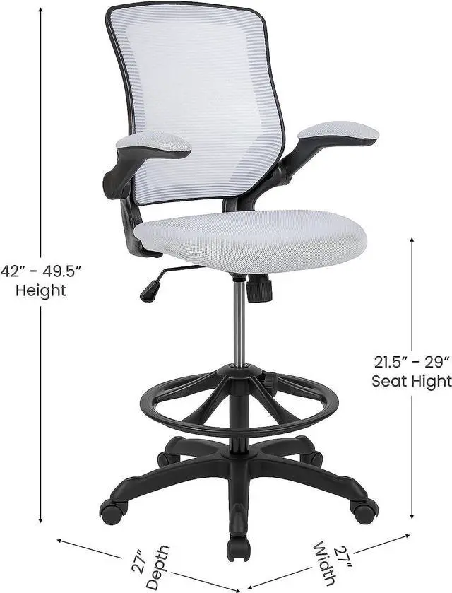 Alt view image 3 of 7 - Flash Furniture Kale Mid-Back White Mesh Ergonomic Drafting Chair | Adjustable Foot Ring, Flip-Up Arms