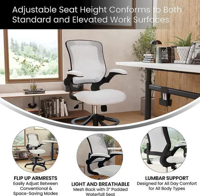 Alt view image 4 of 7 - Flash Furniture Kale Mid-Back White Mesh Ergonomic Drafting Chair | Adjustable Foot Ring, Flip-Up Arms