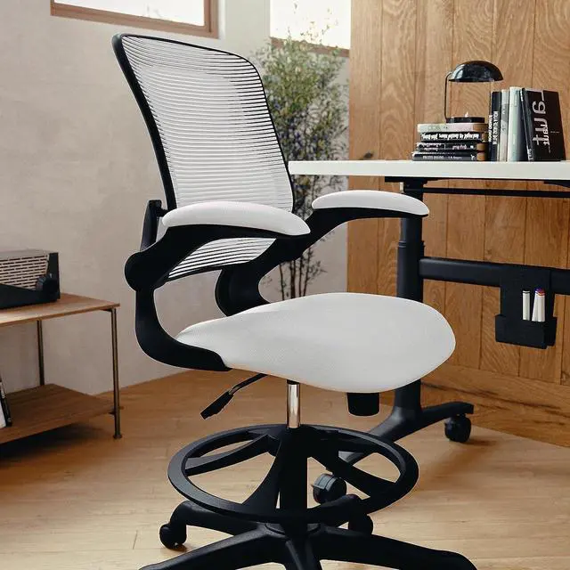 Alt view image 7 of 7 - Flash Furniture Kale Mid-Back White Mesh Ergonomic Drafting Chair | Adjustable Foot Ring, Flip-Up Arms
