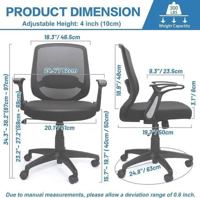 Alt view image 3 of 6 - KOLLIEE Mid Back Mesh Office Chair Ergonomic Swivel Black Desk Office Chair Flip Up Armrests with Lumbar Support Adjustable Height Computer Task Chairs