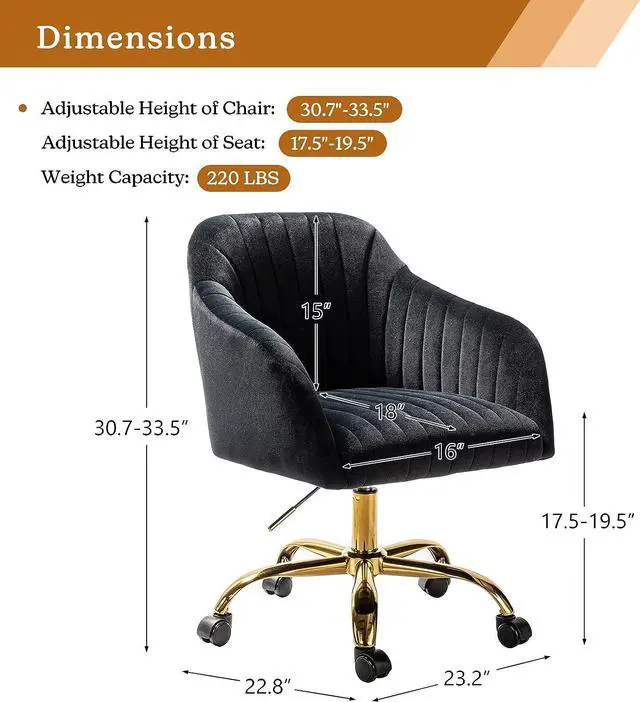 Alt view image 2 of 6 - HULALA HOME Velvet Home Office Desk Chair, Modern Cute Computer Task Chair, Wheels Swivel Height Adjustable Upholstered Vanity Chair for Women, Girls (Gold Base, Black)