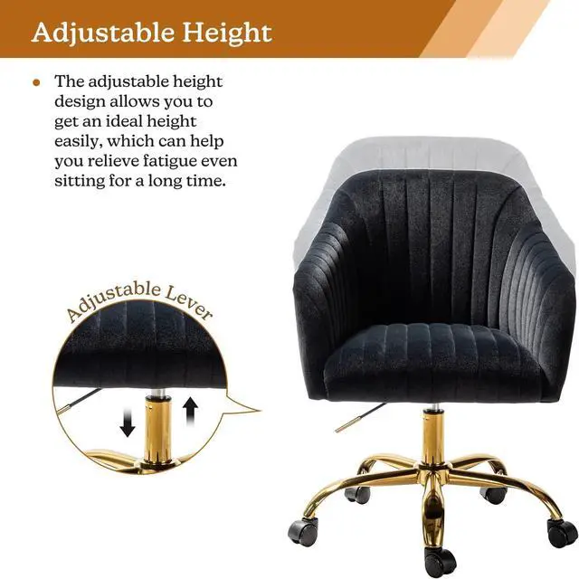 Alt view image 4 of 6 - HULALA HOME Velvet Home Office Desk Chair, Modern Cute Computer Task Chair, Wheels Swivel Height Adjustable Upholstered Vanity Chair for Women, Girls (Gold Base, Black)