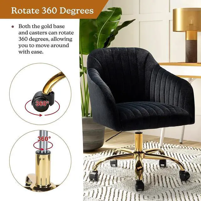 Alt view image 5 of 6 - HULALA HOME Velvet Home Office Desk Chair, Modern Cute Computer Task Chair, Wheels Swivel Height Adjustable Upholstered Vanity Chair for Women, Girls (Gold Base, Black)