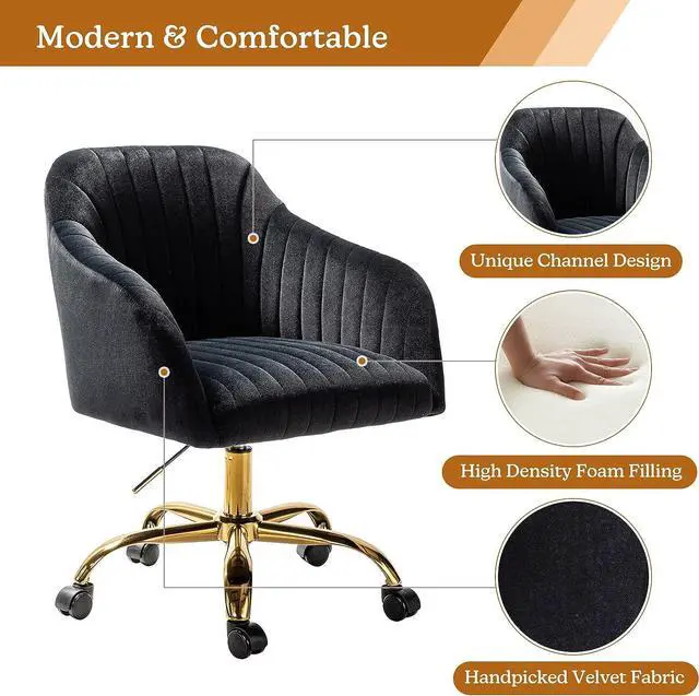 Alt view image 6 of 6 - HULALA HOME Velvet Home Office Desk Chair, Modern Cute Computer Task Chair, Wheels Swivel Height Adjustable Upholstered Vanity Chair for Women, Girls (Gold Base, Black)