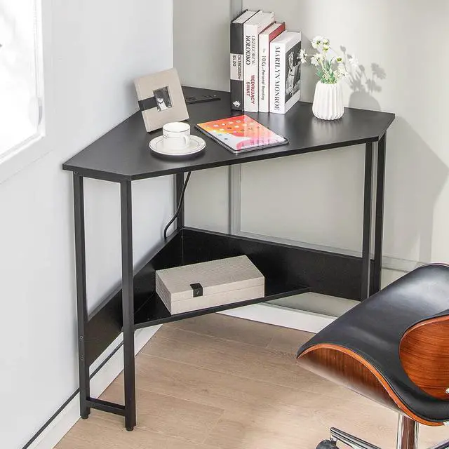 Alt view image 4 of 7 - Tangkula Corner Desk with Power Outlet & USB Ports, Triangle Computer Desk with Charging Station, Storage Shelf, Space Saving Writing Desk, Vanity Table, Corner Desk for Small Space (Black)