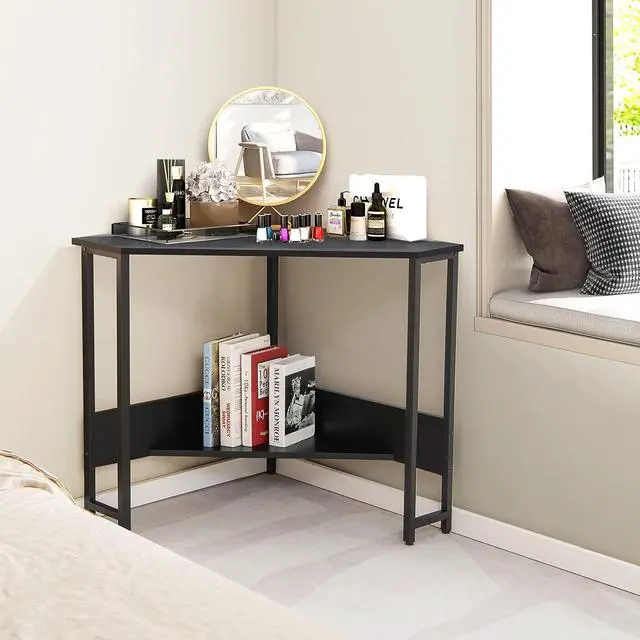 Alt view image 5 of 7 - Tangkula Corner Desk with Power Outlet & USB Ports, Triangle Computer Desk with Charging Station, Storage Shelf, Space Saving Writing Desk, Vanity Table, Corner Desk for Small Space (Black)