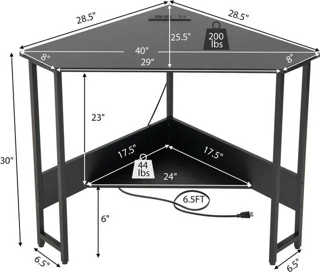 Alt view image 3 of 7 - Tangkula Corner Desk with Power Outlet & USB Ports, Triangle Computer Desk with Charging Station, Storage Shelf, Space Saving Writing Desk, Vanity Table, Corner Desk for Small Space (Black)