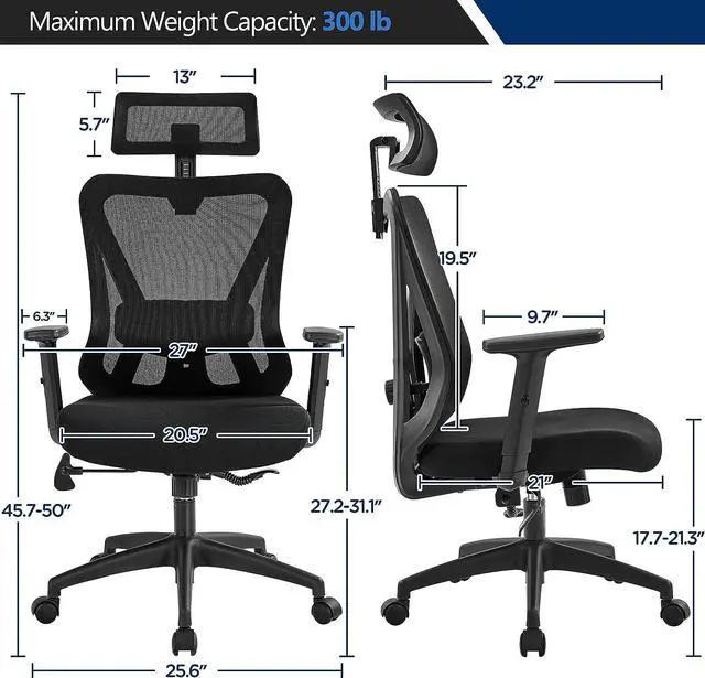 Alt view image 3 of 7 - Topeakmart Office Desk Chair, Ergonomic Computer Desk Chair with Adjustable Headrest Armrests and Lumbar Support, High Back Executive Swivel Study Chair Black