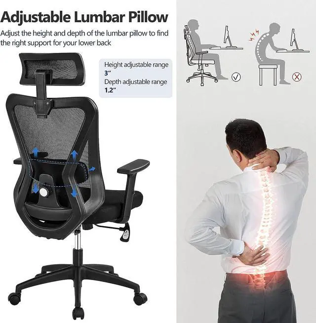 Alt view image 4 of 7 - Topeakmart Office Desk Chair, Ergonomic Computer Desk Chair with Adjustable Headrest Armrests and Lumbar Support, High Back Executive Swivel Study Chair Black