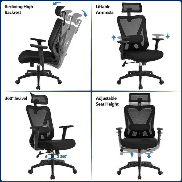 Alt view image 5 of 7 - Topeakmart Office Desk Chair, Ergonomic Computer Desk Chair with Adjustable Headrest Armrests and Lumbar Support, High Back Executive Swivel Study Chair Black