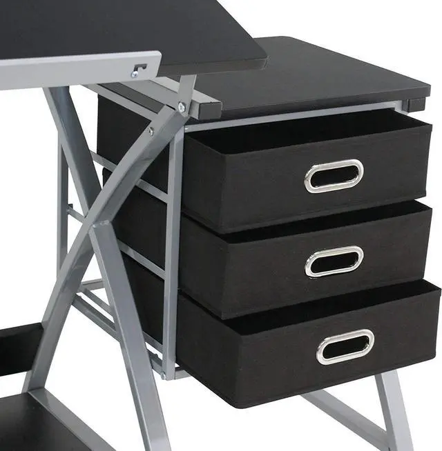 Alt view image 5 of 7 - HomGarde MDF Drawing Drafting Table Art & Craft Drafting Desk Hobby Folding Adjustable Craft Table Station w/Stool and 3 Storage Drawers