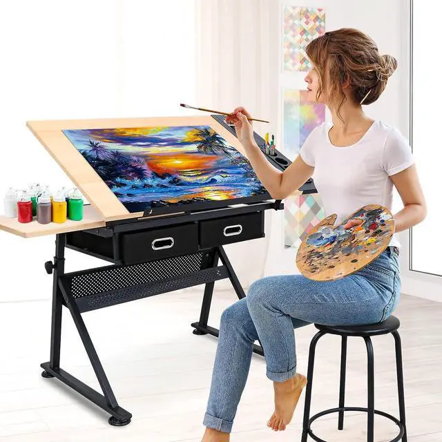 Alt view image 2 of 7 - NOVA MICRODERMABRASION Adjustable Height Drafting Desk Drawing Table Tiltable Tabletop for Reading, Writing Art Craft w/Stool and Drawers